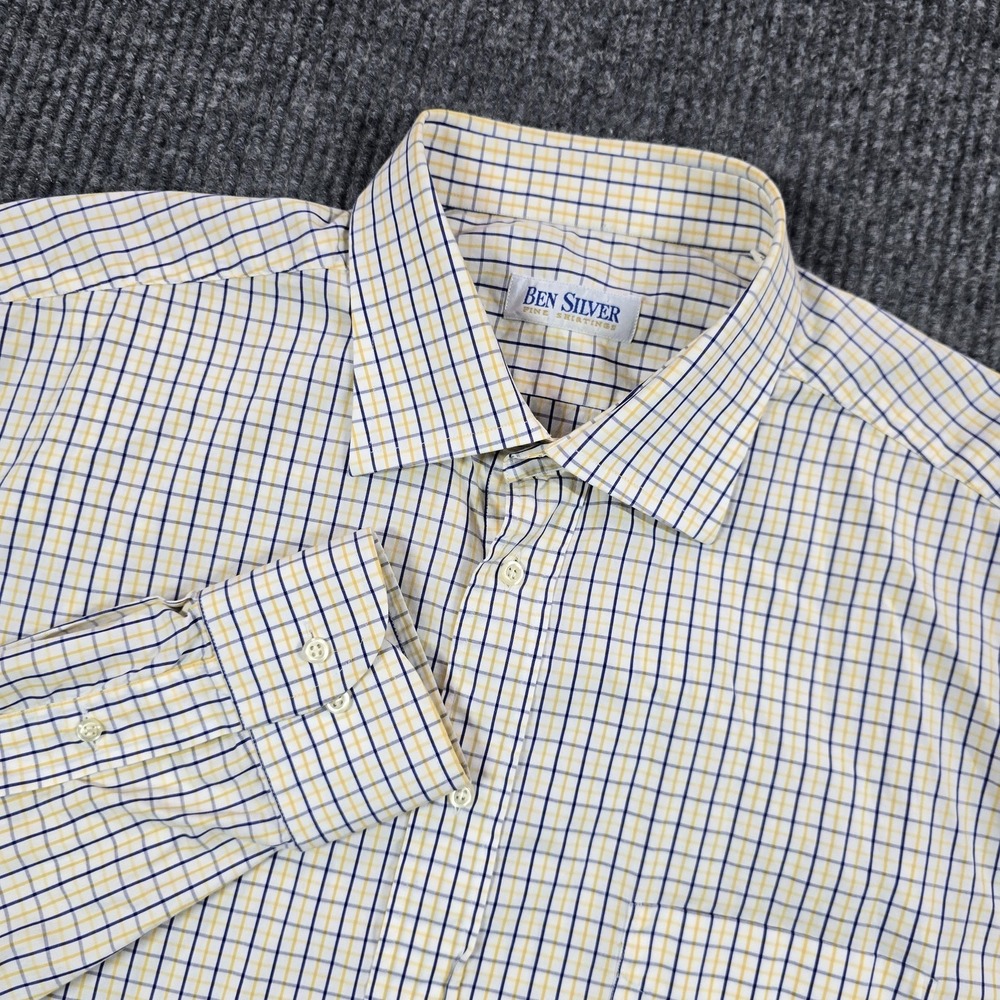 Ben Silver Shirt Mens 36 White Yellow Blue Check Button-Up Long‎ Sleeve